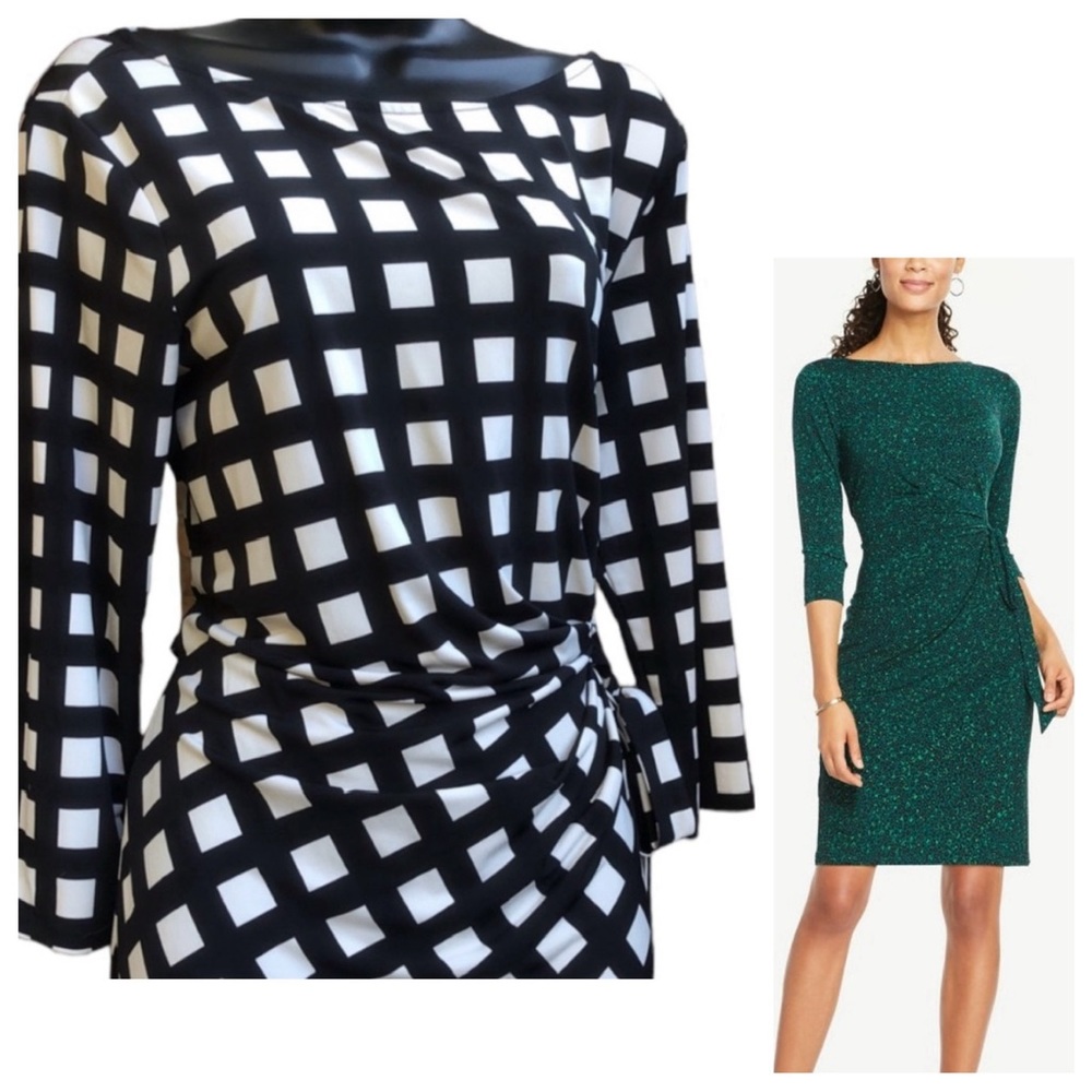 ANN TAYLOR FACTORY | faux wrap 3/4 sleeve midi dress in checker print, medium
